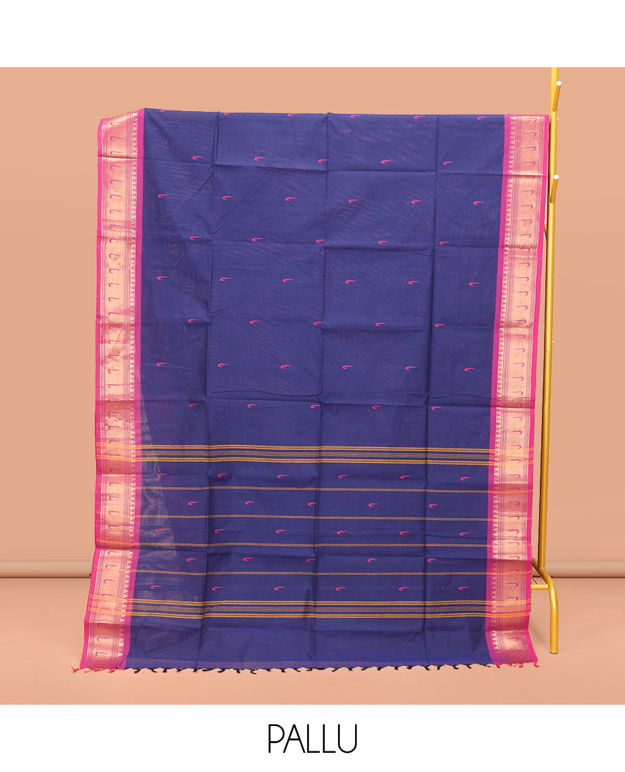 Dark Blue Chettinad Cotton Saree, Steeped with Muniya Buttas On Its Body, Complemented by a Contrast Traditional Muniya Border, Pallu of Stripes, and Paired with a Matching Blouse