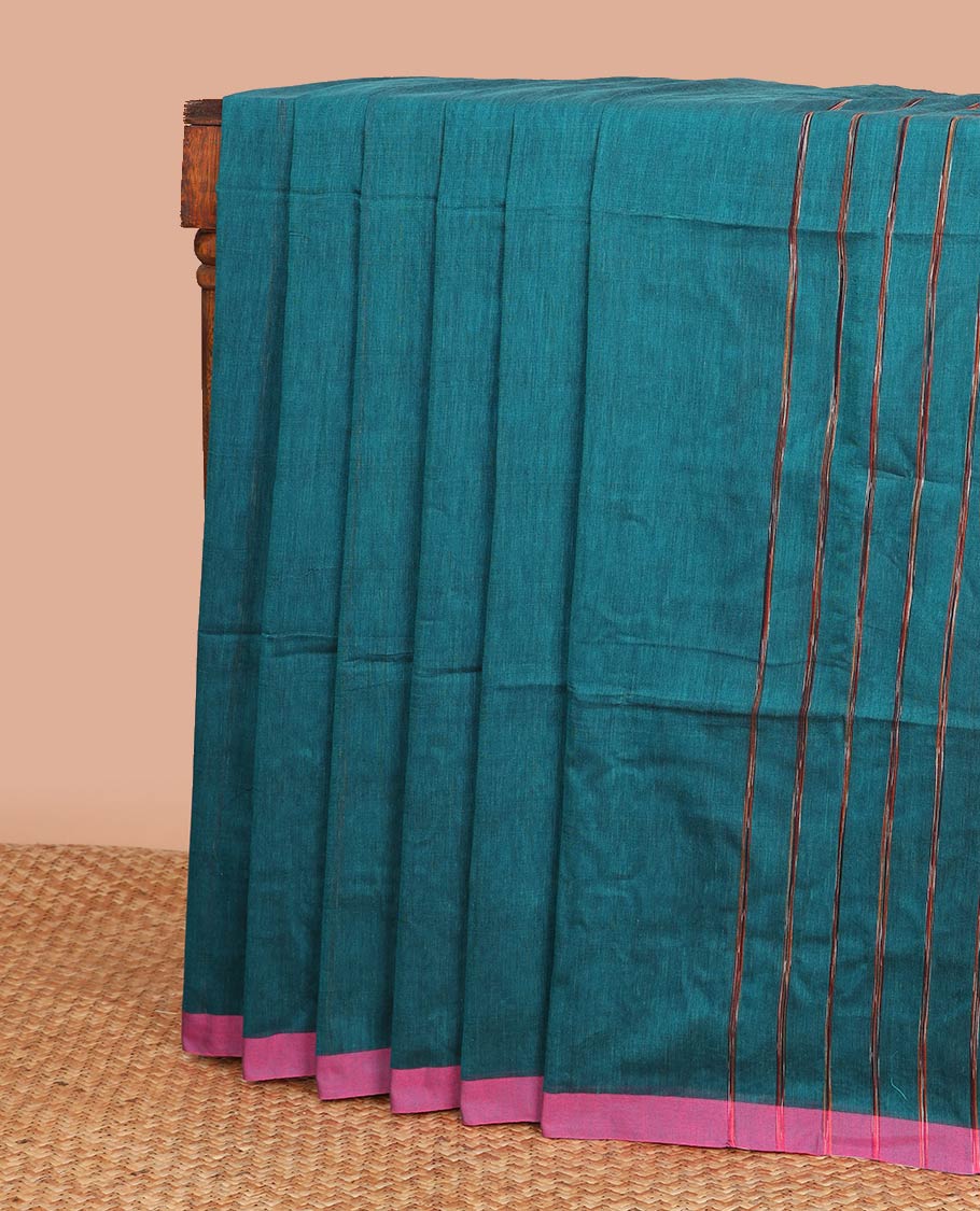 Blue striped khadi cotton saree with contrast striped border