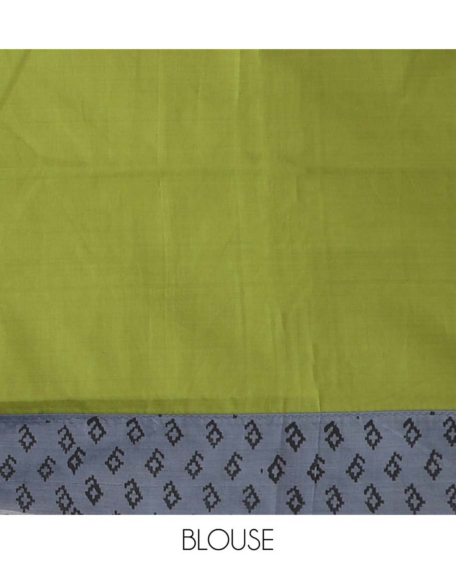 Grey motifs printed poly cotton saree, contrast block printed border, and pallu