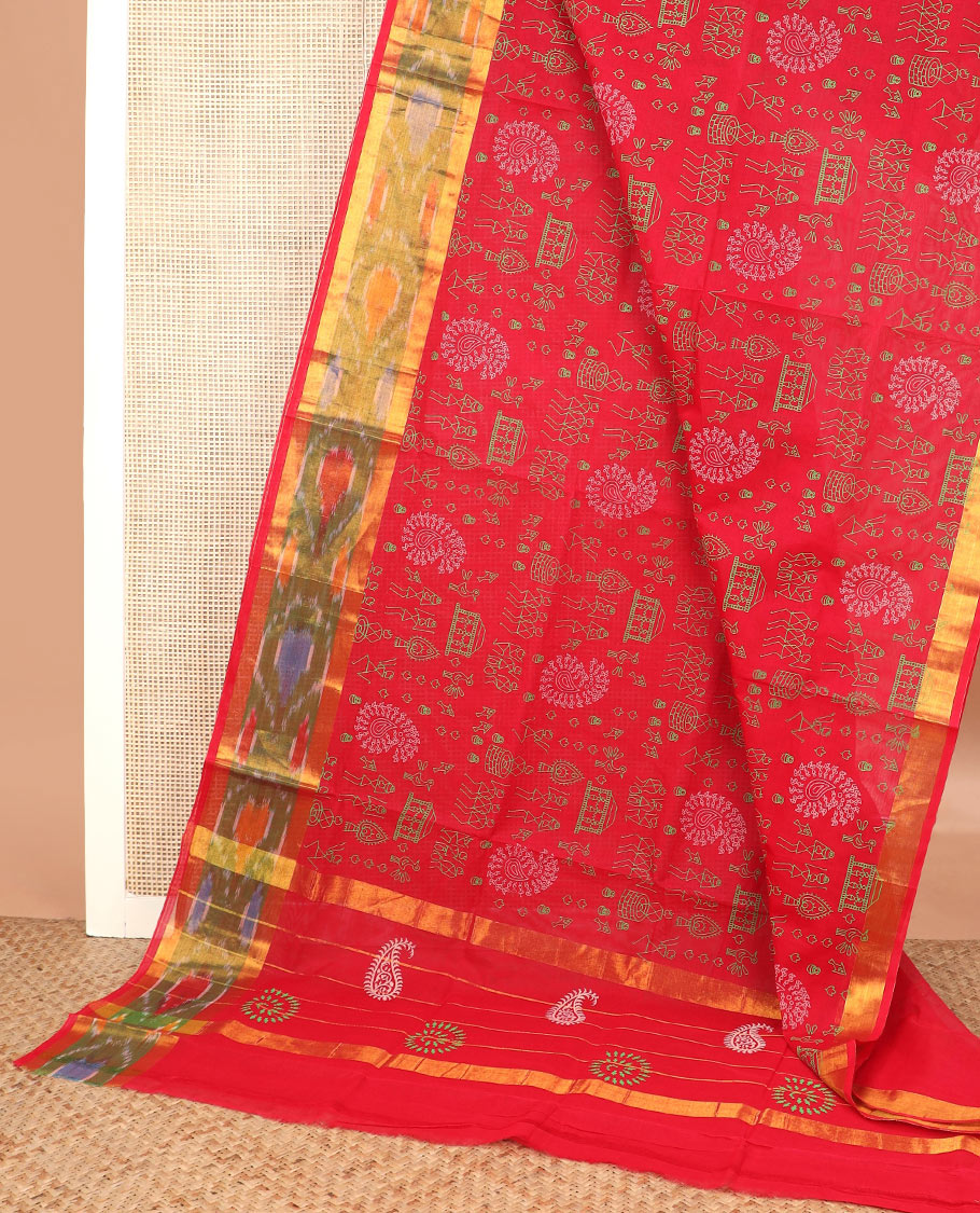 Red warli motifs printed Andhra cotton saree, ikkat border, and printed pallu