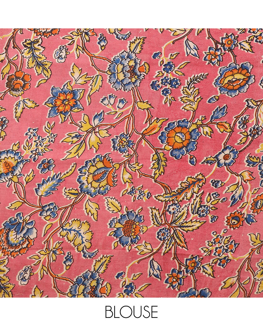 Grey striped chirala cotton saree, temple border of stripes, striped pallu, and contrast floral vine and bird printed blouse