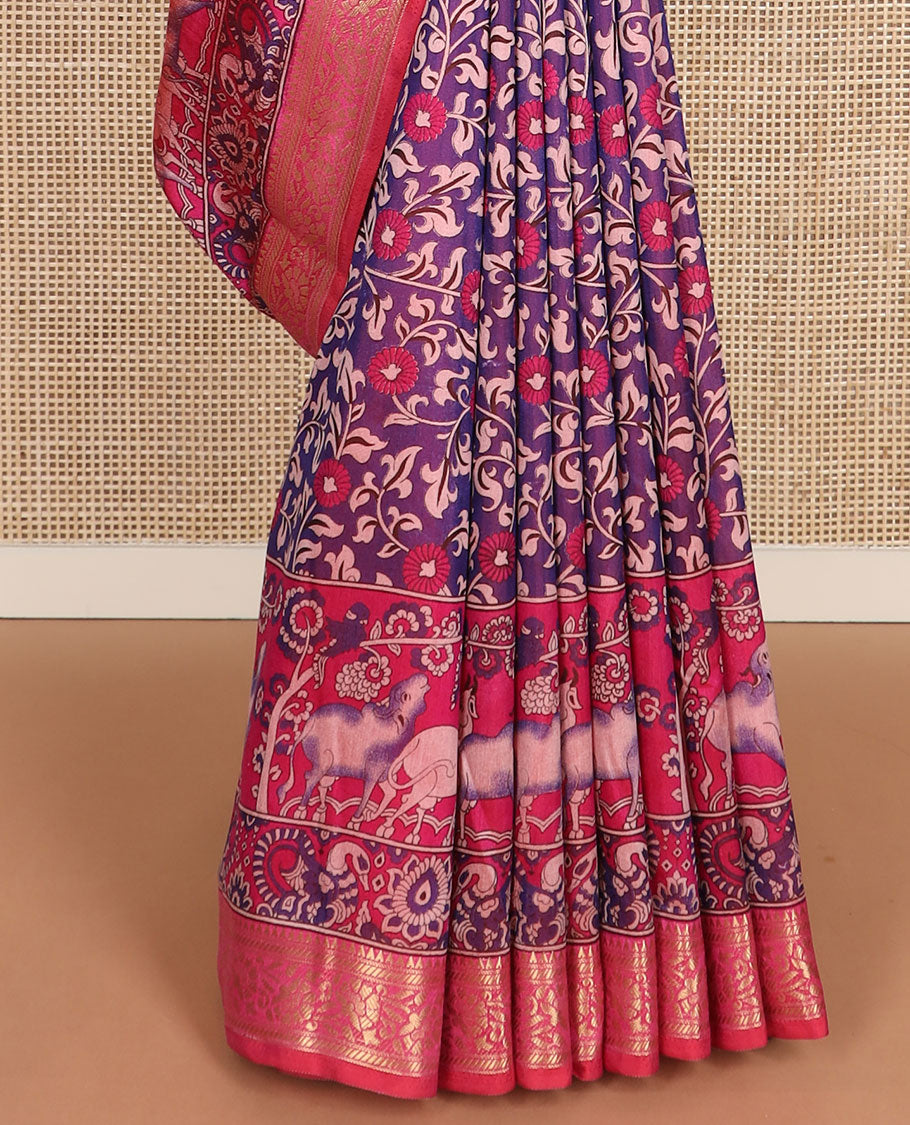 Purple floral vine patola silk saree, contrast traditional zari border and pallu of Pichwai cow and peacock motifs
