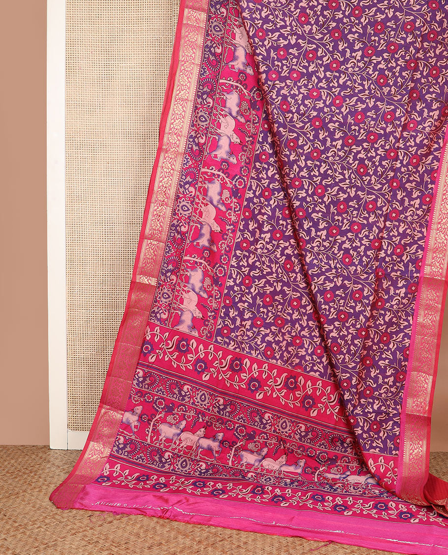 Purple floral vine patola silk saree, contrast traditional zari border and pallu of Pichwai cow and peacock motifs