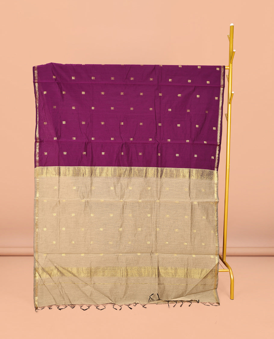 Purple Maheshwari Cotton Saree, Ornamented with Buttas All Over Its Body, Subtle Zari Piping Border, Complemented by a Contrast Pallu Steeped with Buttas, and Paired with a Contrast Blouse