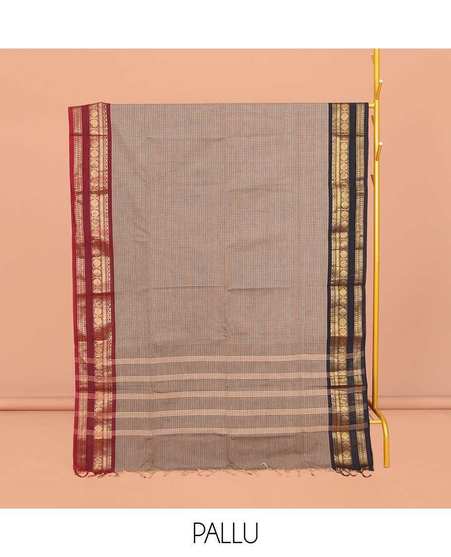 Grey Chettinad Cotton Saree, Subtly Sparkled with Checks, Contrast Rettai Pettu Traditional Rettai Pettu Border, Striped Pallu, and a Matching Blouse