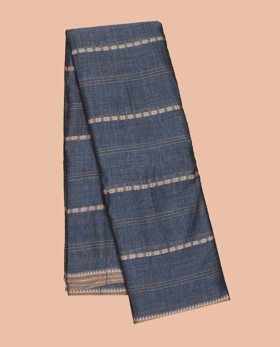 Borderless grey striped Narayanapet cotton saree, striped pallu