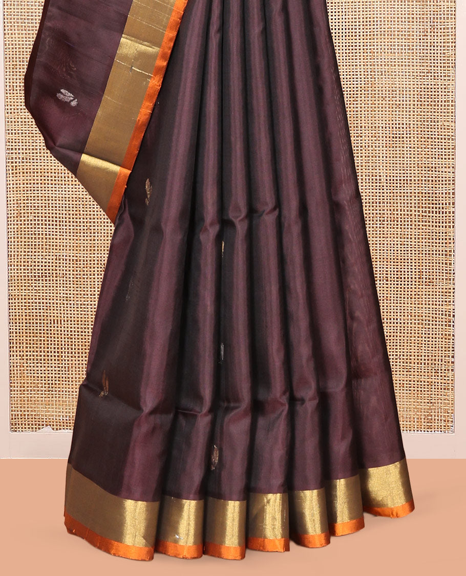 Brown Uppada Silk Saree, Decorated with Zari Buttas, a Contrast Bavanji Border, and Plain Blouse