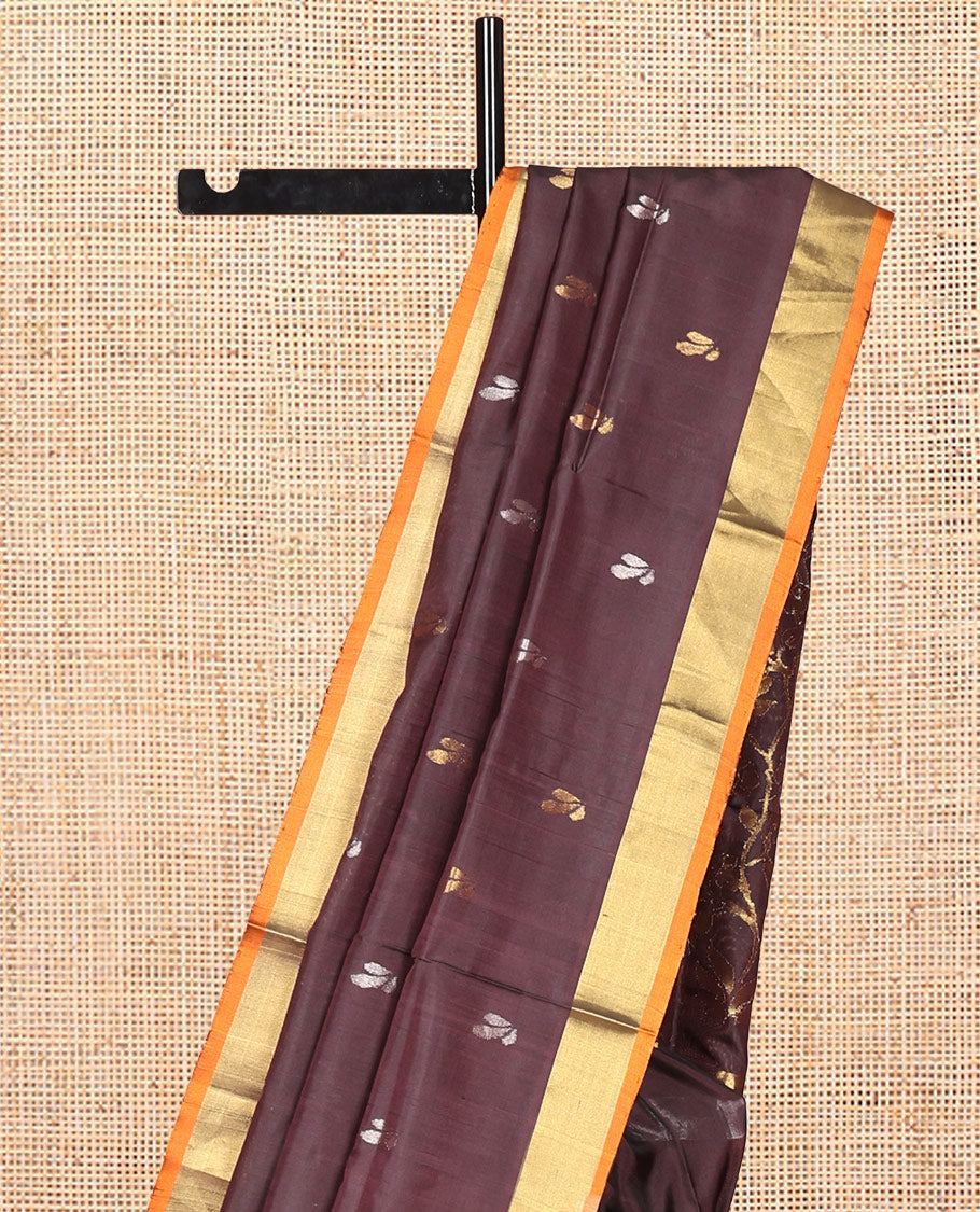 Brown Uppada Silk Saree, Decorated with Zari Buttas, a Contrast Bavanji Border, and Plain Blouse
