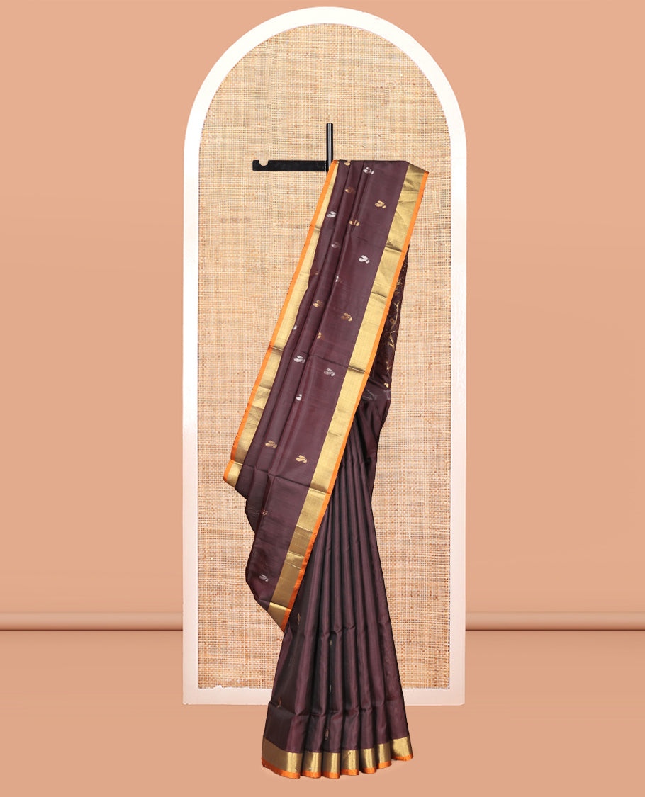 Brown Uppada Silk Saree, Decorated with Zari Buttas, a Contrast Bavanji Border, and Plain Blouse
