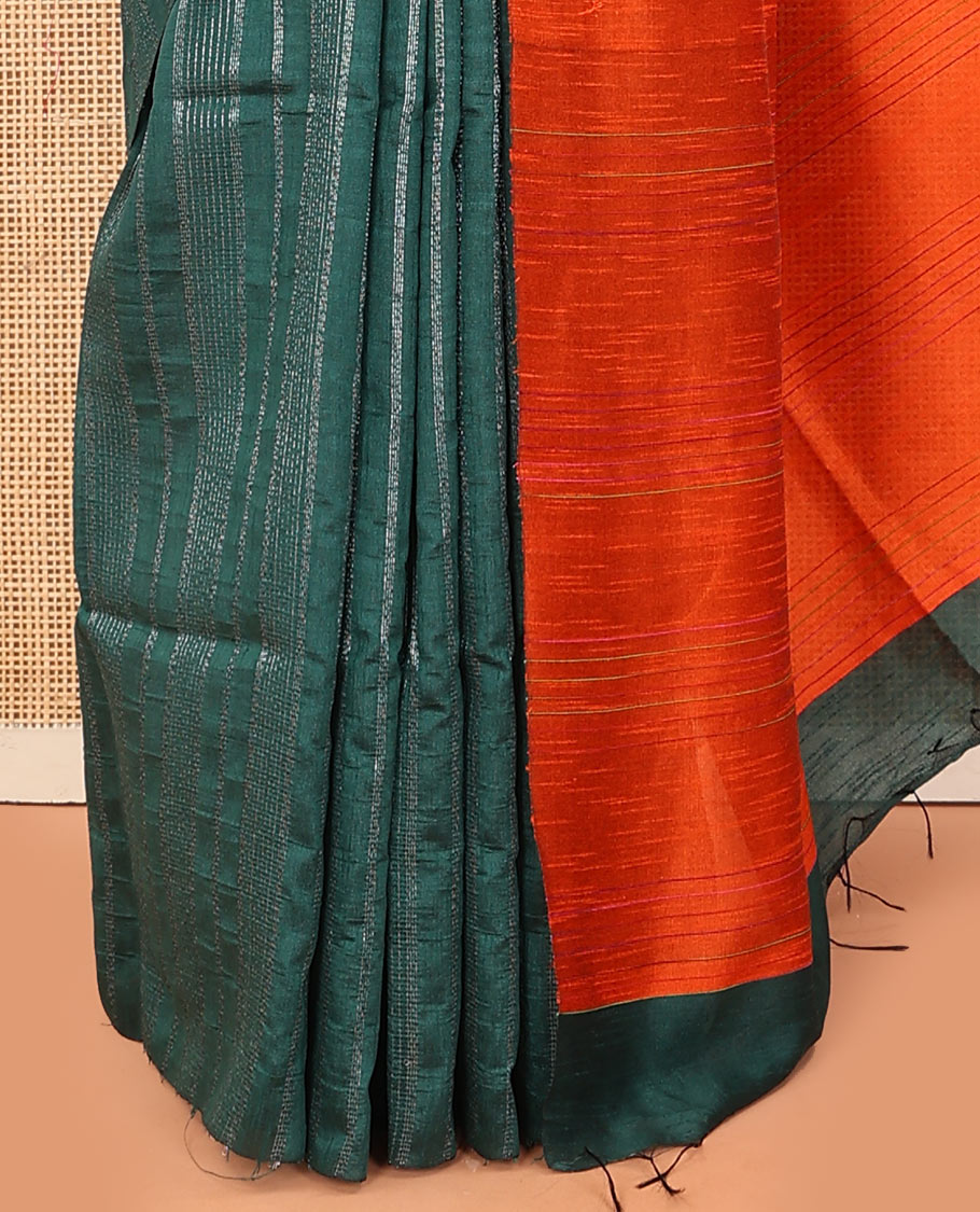 Borderless green zari striped dupion saree, contrast pallu of stripes