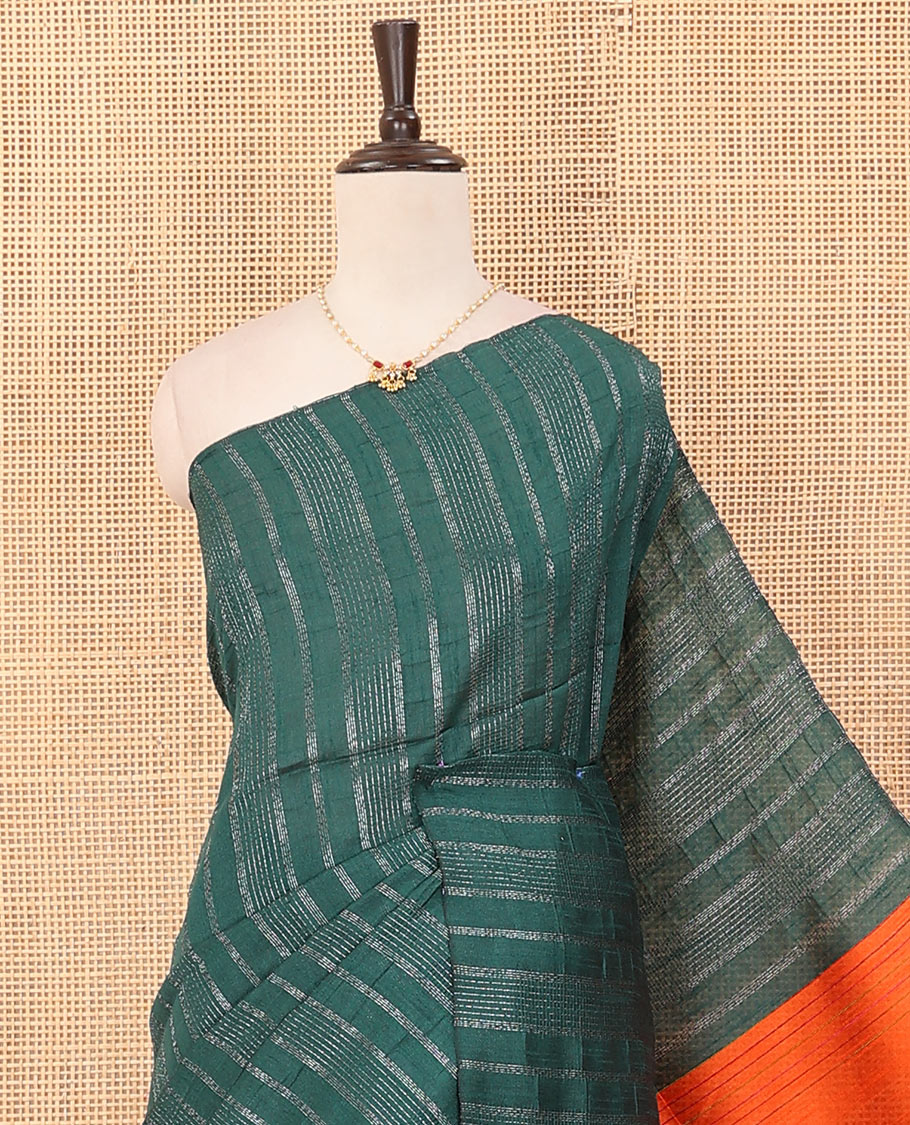 Borderless green zari striped dupion saree, contrast pallu of stripes