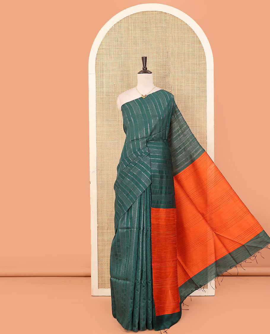 Borderless green zari striped dupion saree, contrast pallu of stripes