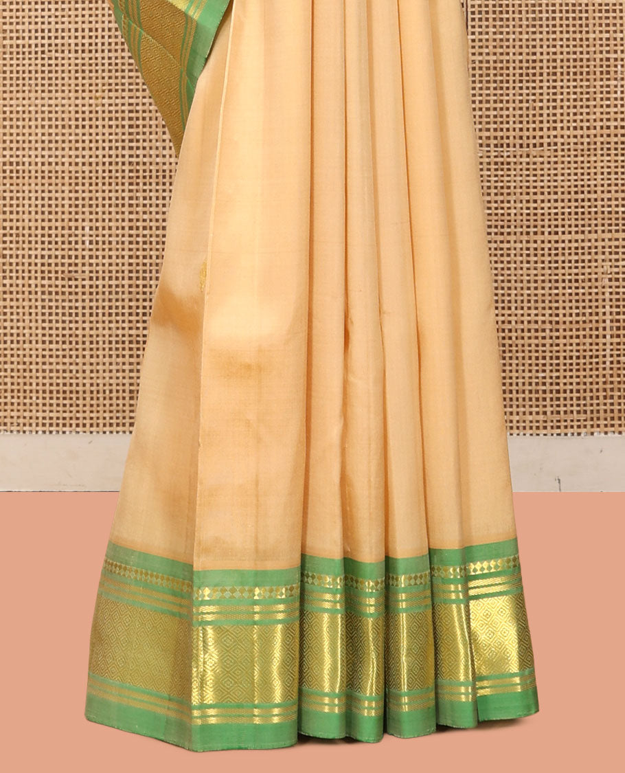 Sandal Kanchipuram Silk Saree Features Zari Buttas, a Contrast One-Sided Border of Paneer Sombu, Banaras, and Jaal Designs, Floral Design Pallu, and No Blouse