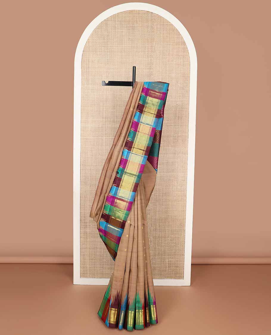 Brown buttas kancheepuram silk saree with contrast rekku, banaras, kathir design & striped pallu