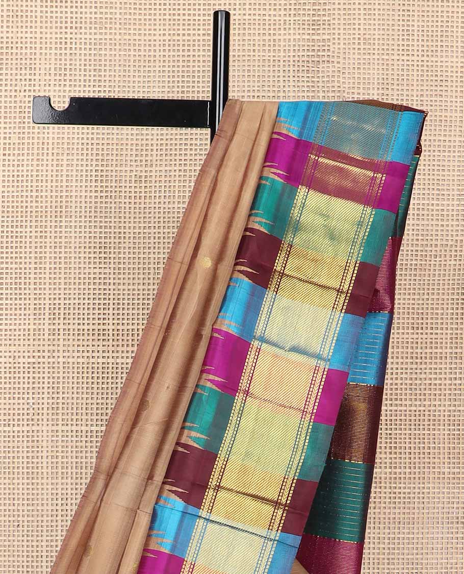 Brown buttas kancheepuram silk saree with contrast rekku, banaras, kathir design & striped pallu