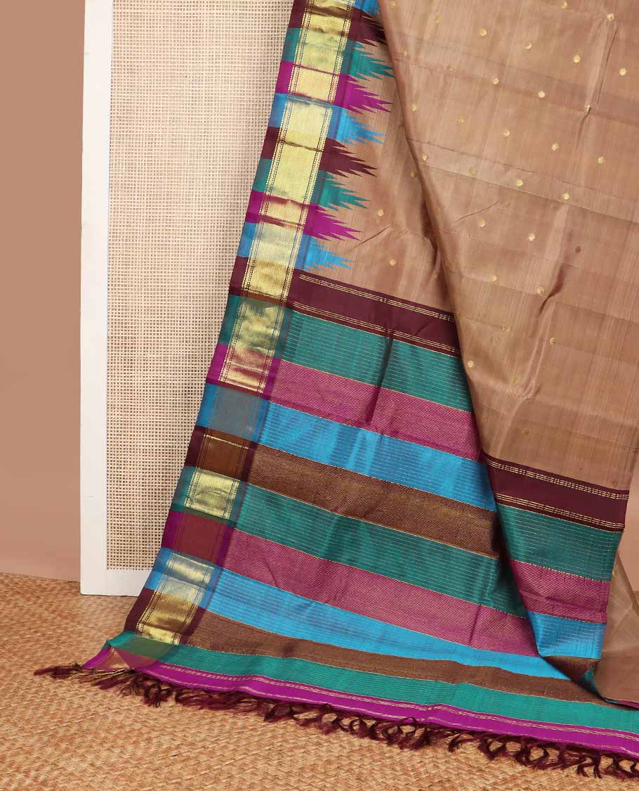 Brown buttas kancheepuram silk saree with contrast rekku, banaras, kathir design & striped pallu