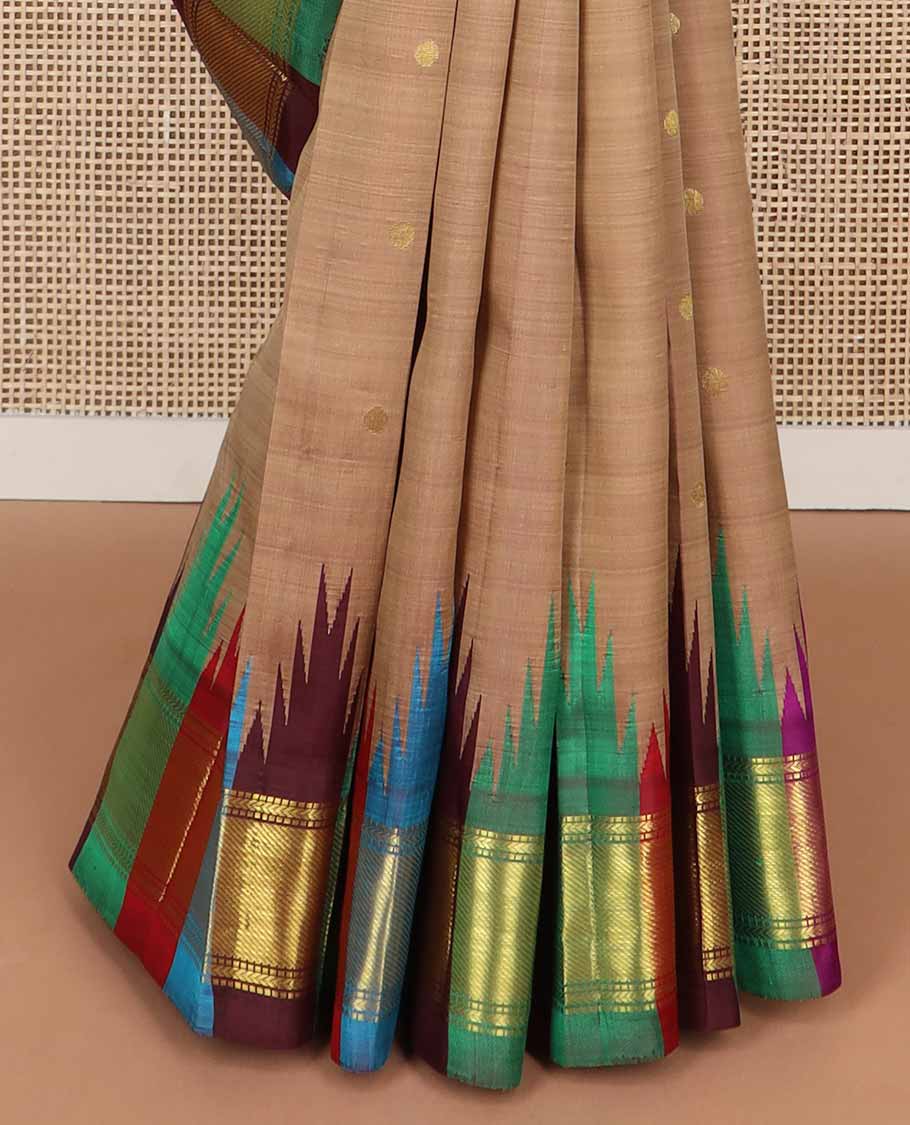 Brown buttas kancheepuram silk saree with contrast rekku, banaras, kathir design & striped pallu