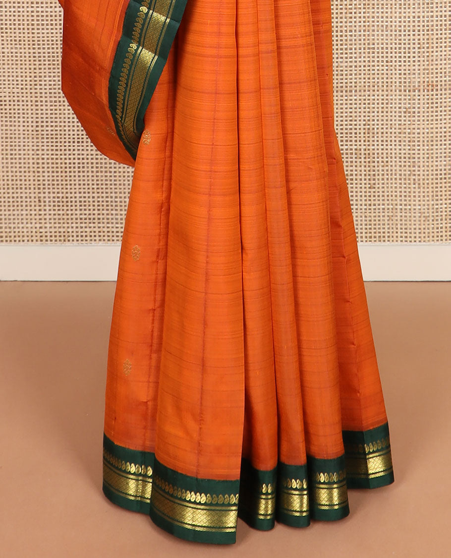 Orange zari buttas kanchipuram silksaree, contrast one-sided border of manga,banaras & mayil kann & zari design pallu