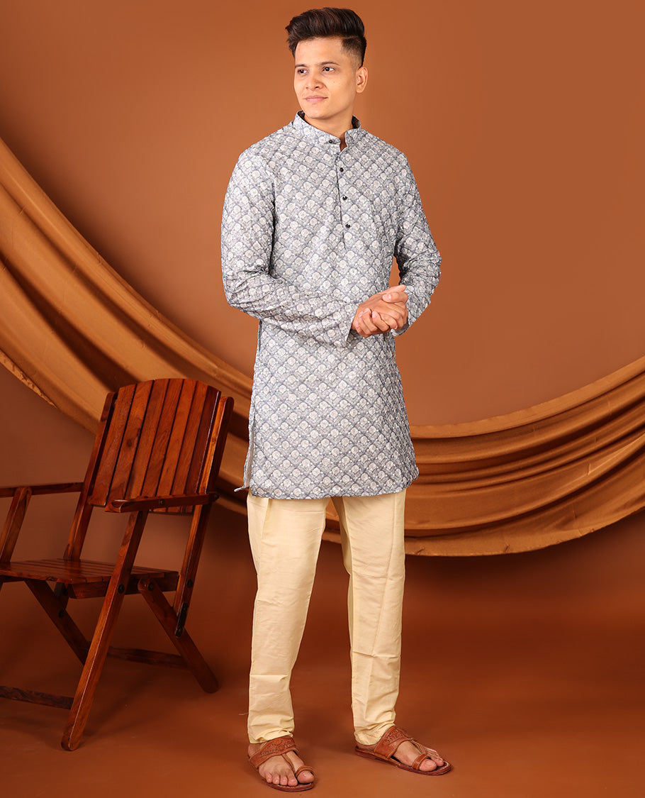 Grey Floral Jaal Printed Full-Sleeved Men's Kurta