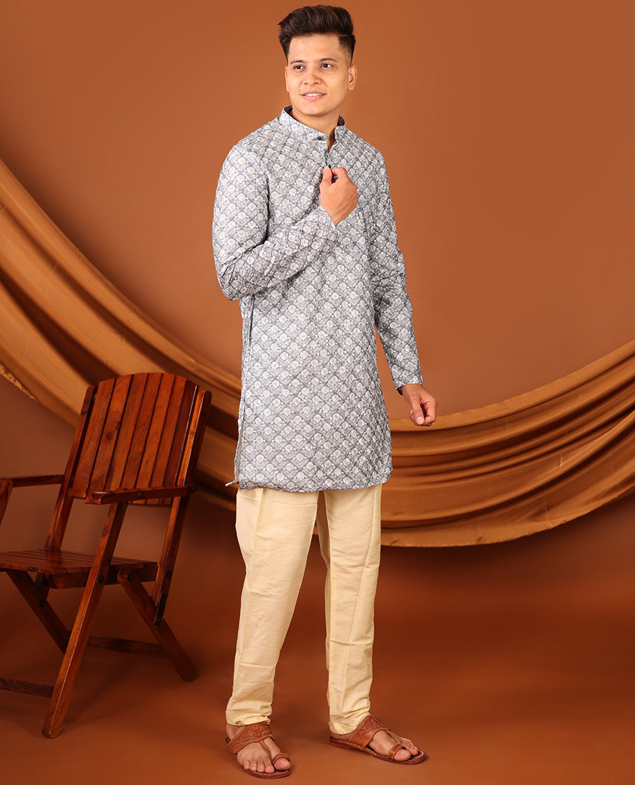Grey Floral Jaal Printed Full-Sleeved Men's Kurta