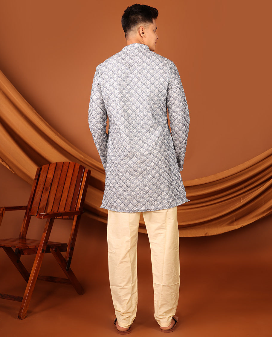 Grey Floral Jaal Printed Full-Sleeved Men's Kurta