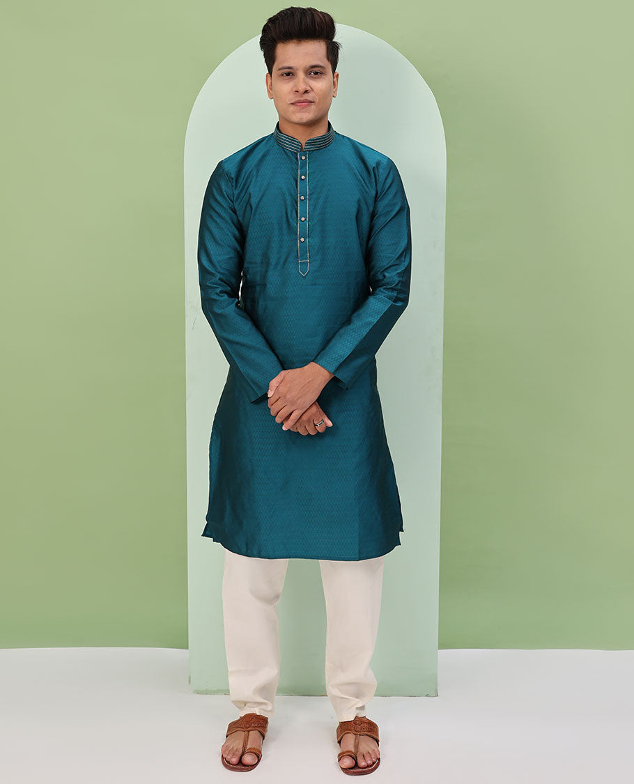 Blue jaal design embossed full-sleeved readymade kurta