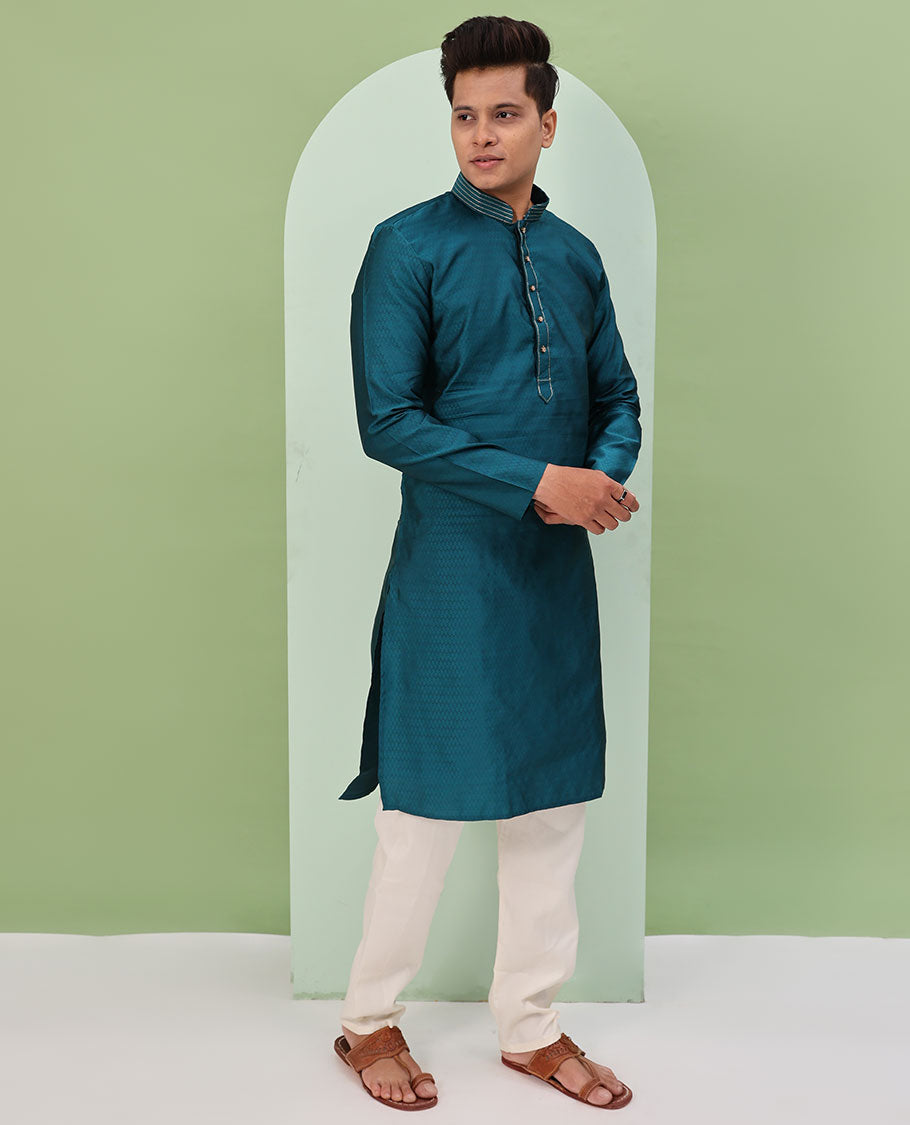 Blue jaal design embossed full-sleeved readymade kurta