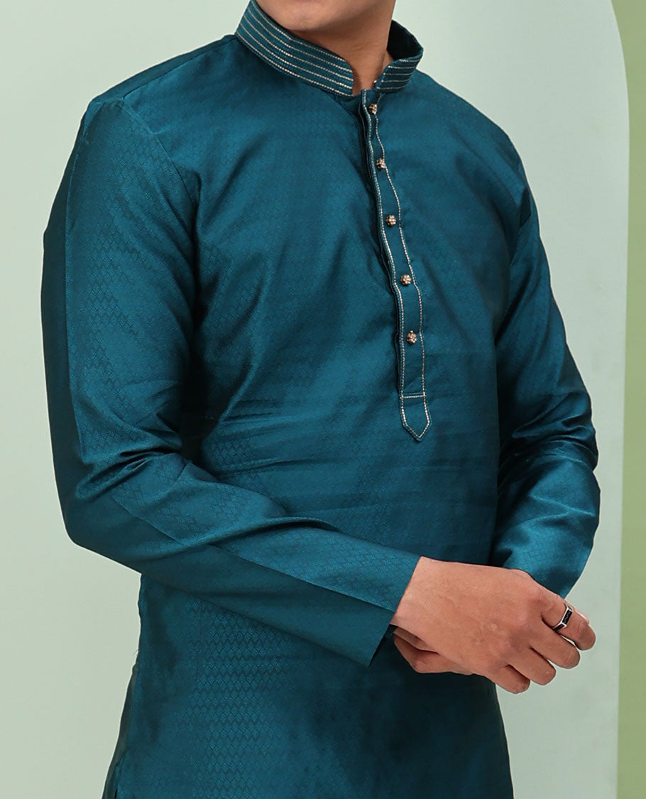 Blue jaal design embossed full-sleeved readymade kurta