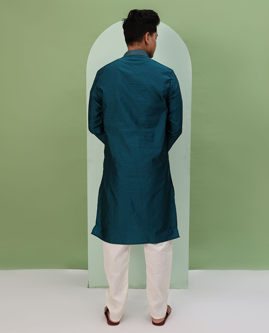 Blue jaal design embossed full-sleeved readymade kurta