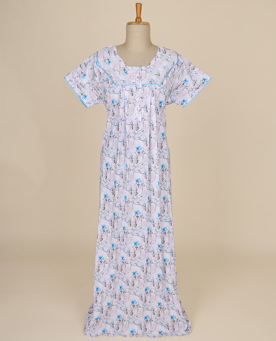 White floral vine printed & square neck cotton half-sleeve nighty