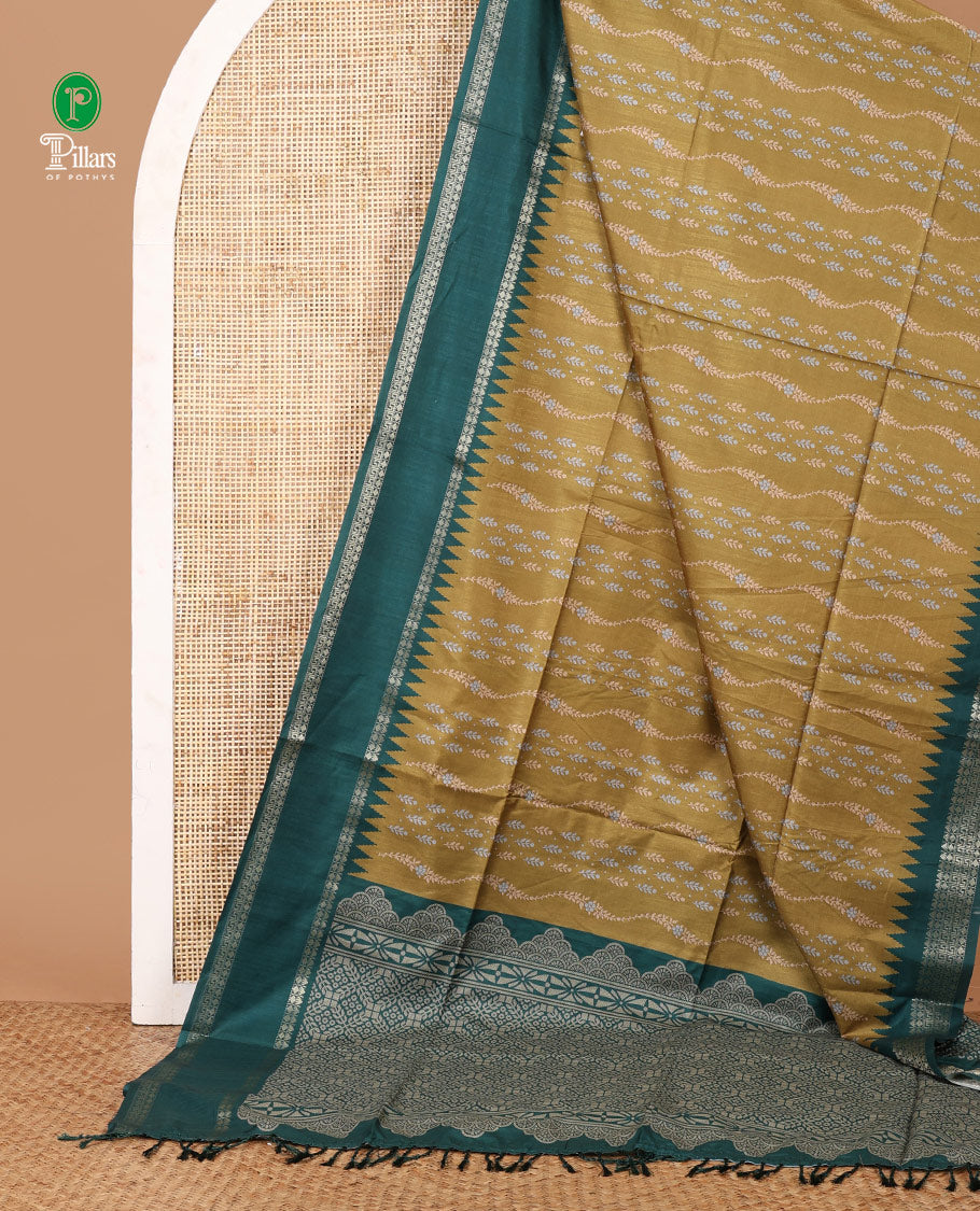 Mehendi green digital print khatan silk saree with contrast bentex border & printed pallu along with printed blouse