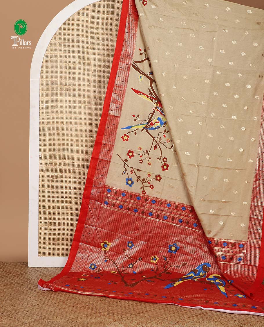 Cream flower and parrot with gold foil peacock printed design dola silk saree, contrast paithani style border & flower and parrot printed pallu along with gold foil prinetd blouse