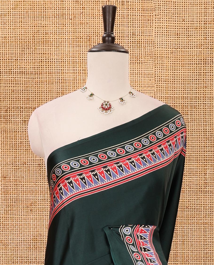 Green plain design modal satin saree, Ajrakh printed border, floral-Ajrakh printed pallu & Ajrakh printed blouse