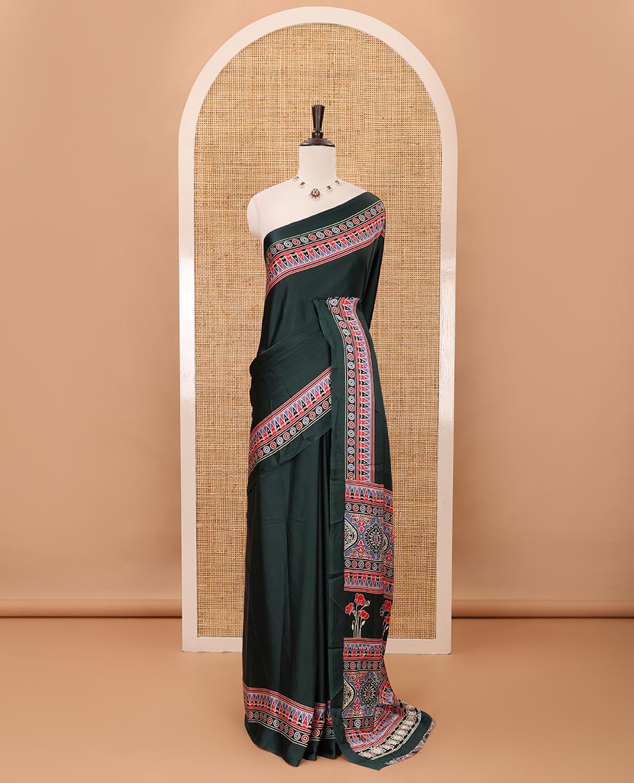 Green plain design modal satin saree, Ajrakh printed border, floral-Ajrakh printed pallu & Ajrakh printed blouse