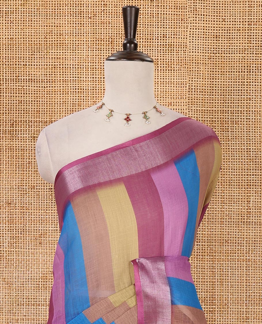 Pink-base colorful vertical stripes printed linen cotton saree, silver zari bavanji border, ice cream motifs printed pallu & contrast printed blouse