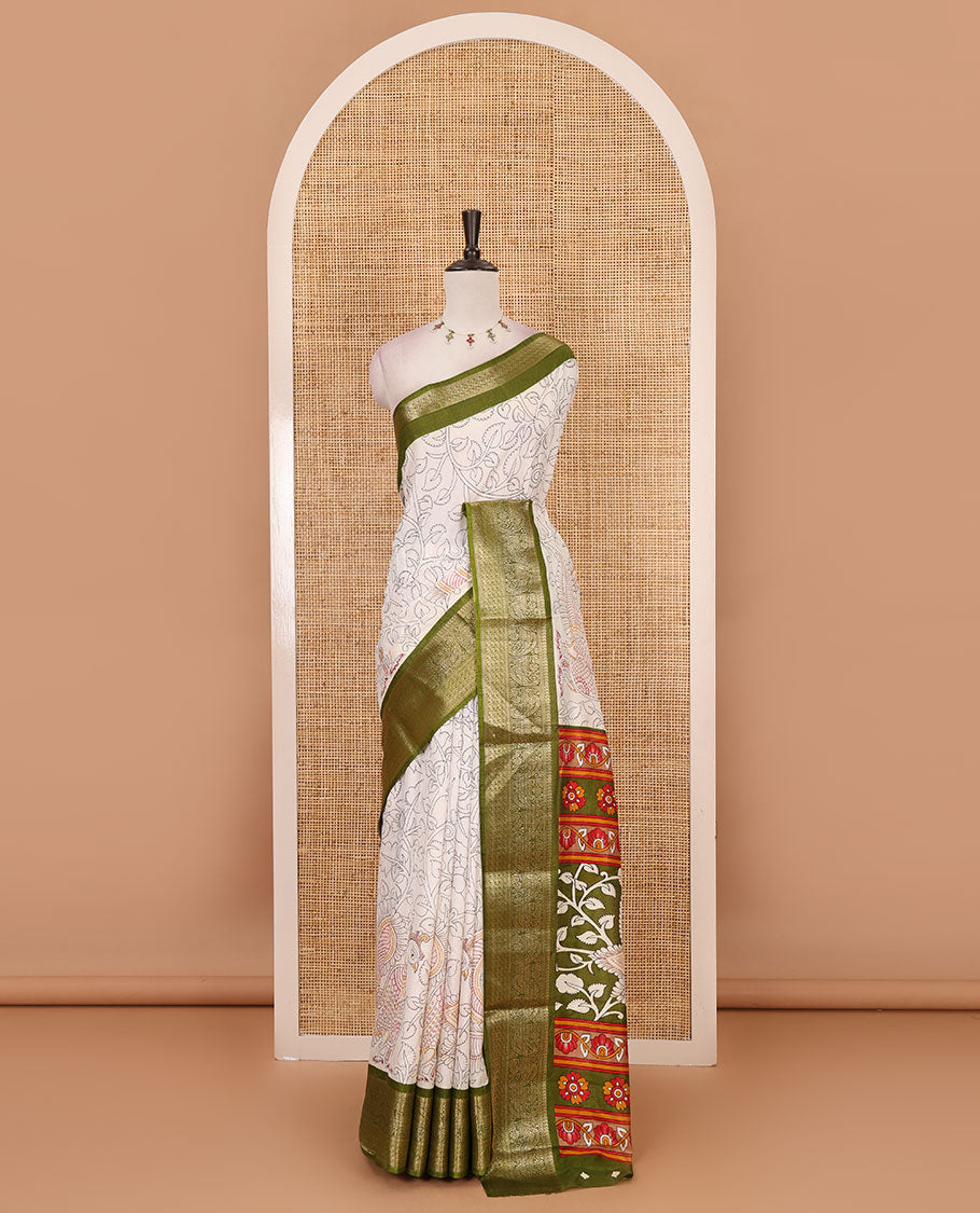 Cream kalamkari floral vine & peacock printed dola silk saree, contrast kanchipuram traditional zari green border & colorful kalamkari printed pallu
