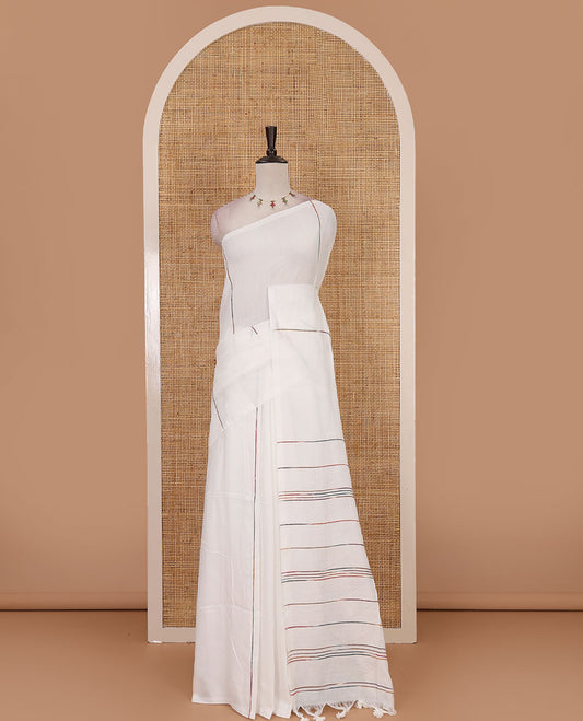 Borderless White vertical multi-color thread striped khadi jute linen saree, striped pallu & matching plain blouse