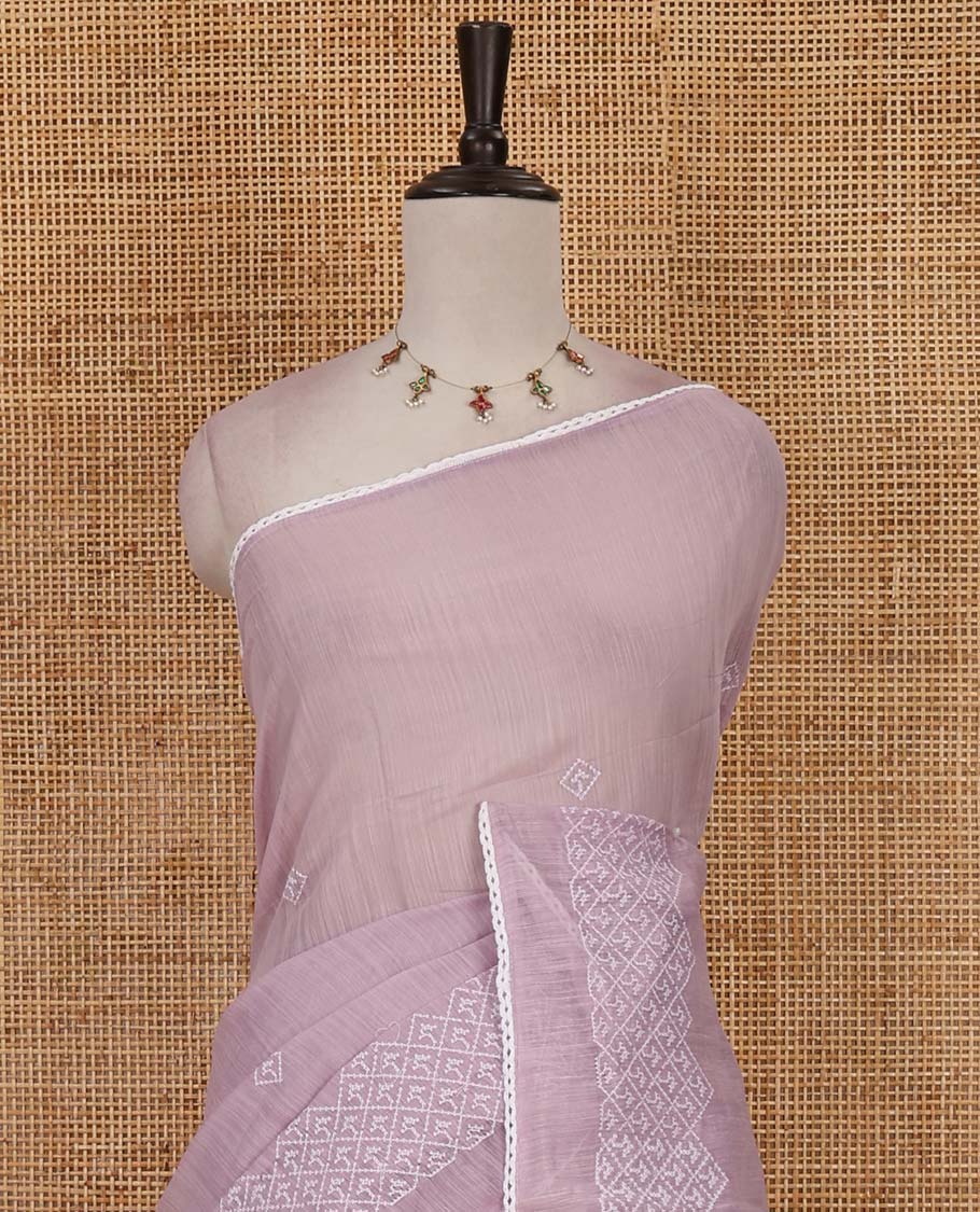 Lavender diamond patterns white resham thread embroidered mercerised cotton saree, lace border, and matching plain blouse