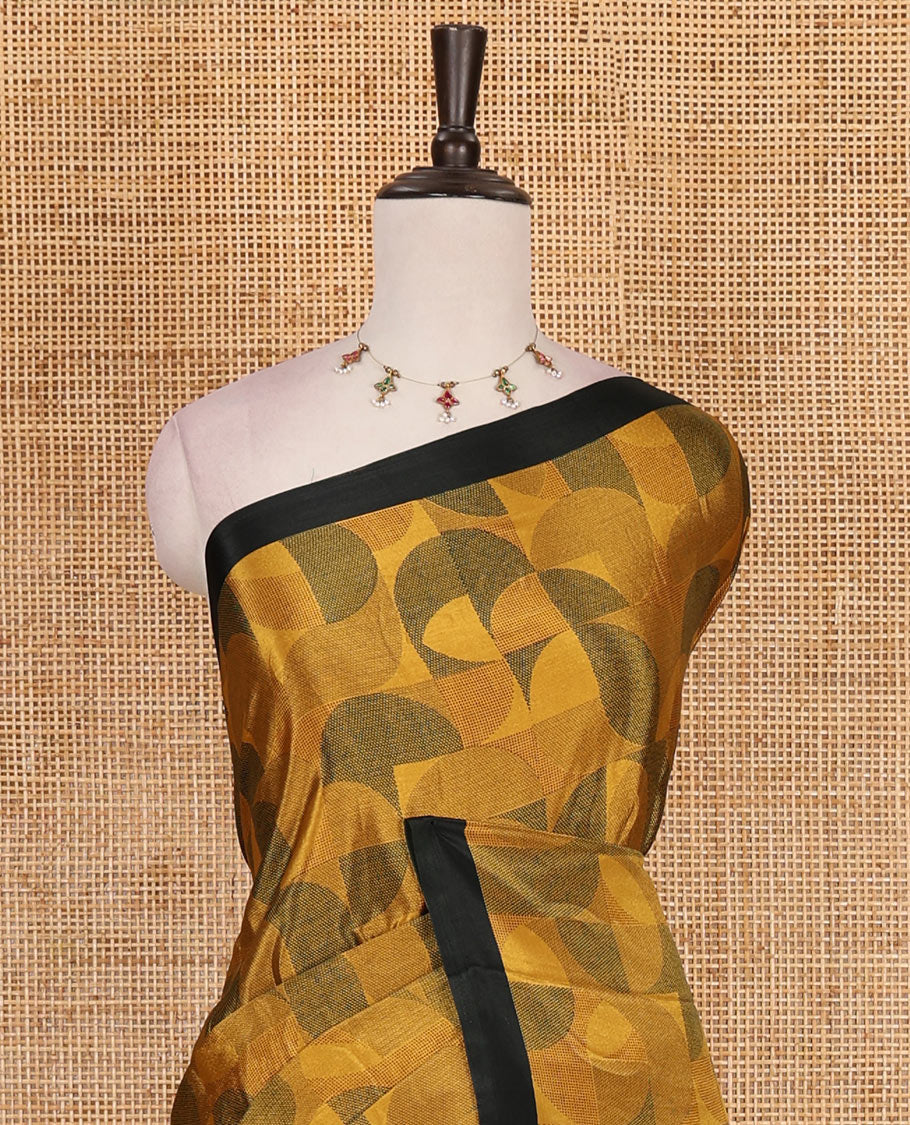 Mustard geometric patterns printed Turkey crepe saree, contrast printed piping border, printed pallu, and printed blouse