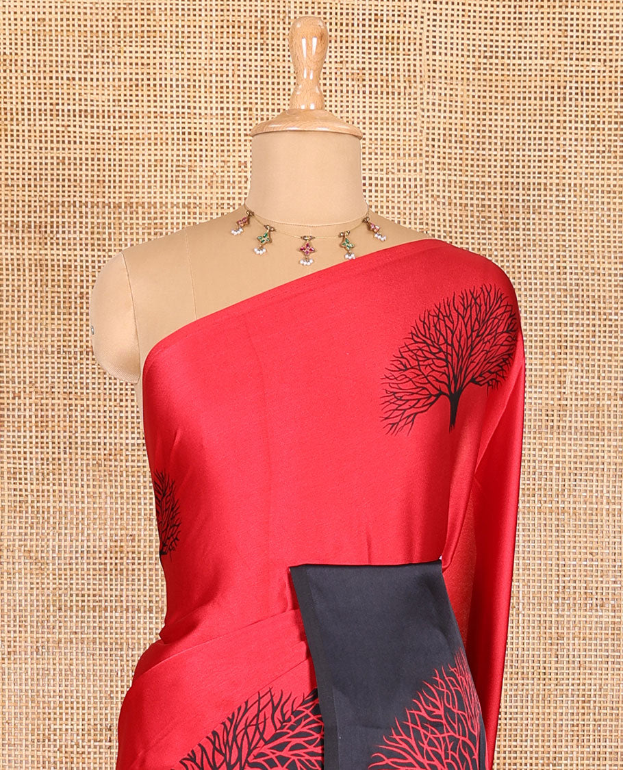 Red tree motifs digitally printed Gajji silk saree with contrast printed border of upside down tree motifs, and contrast printed blouse