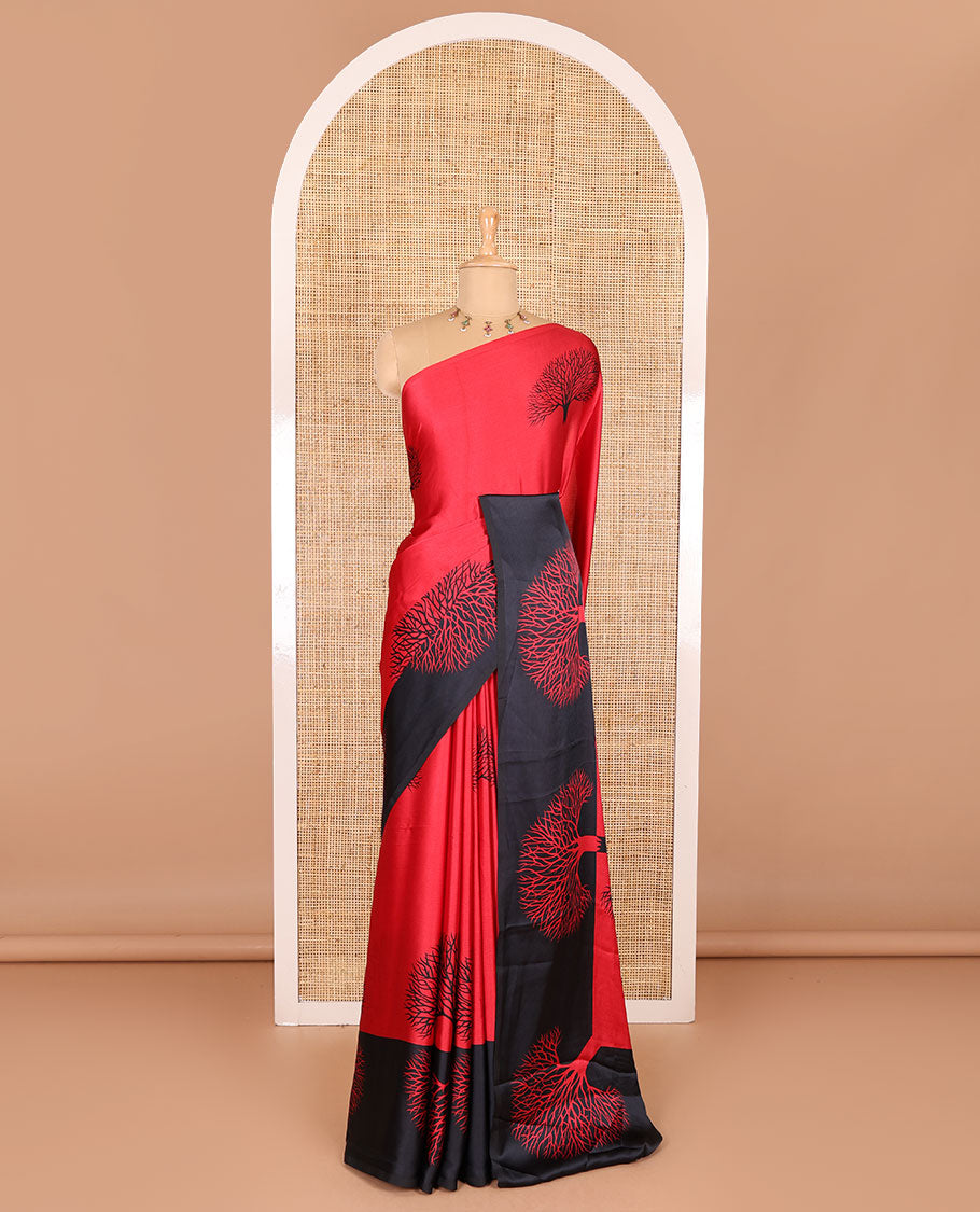 Red tree motifs digitally printed Gajji silk saree with contrast printed border of upside down tree motifs, and contrast printed blouse