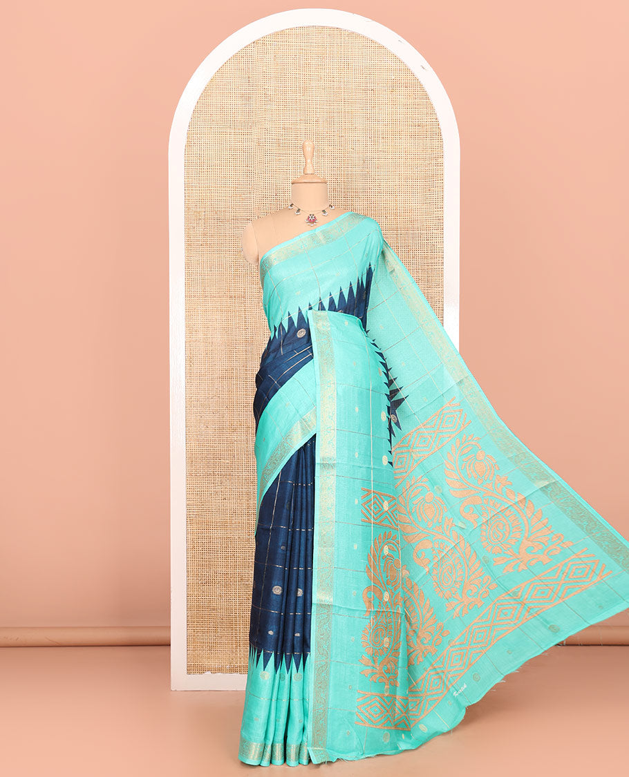 Blue and rama zari butta enclosed checked dola silk saree, contrast temple traditional motifs border, paisley motifs printed pallu, and a contrast butta enclosed checked blouse