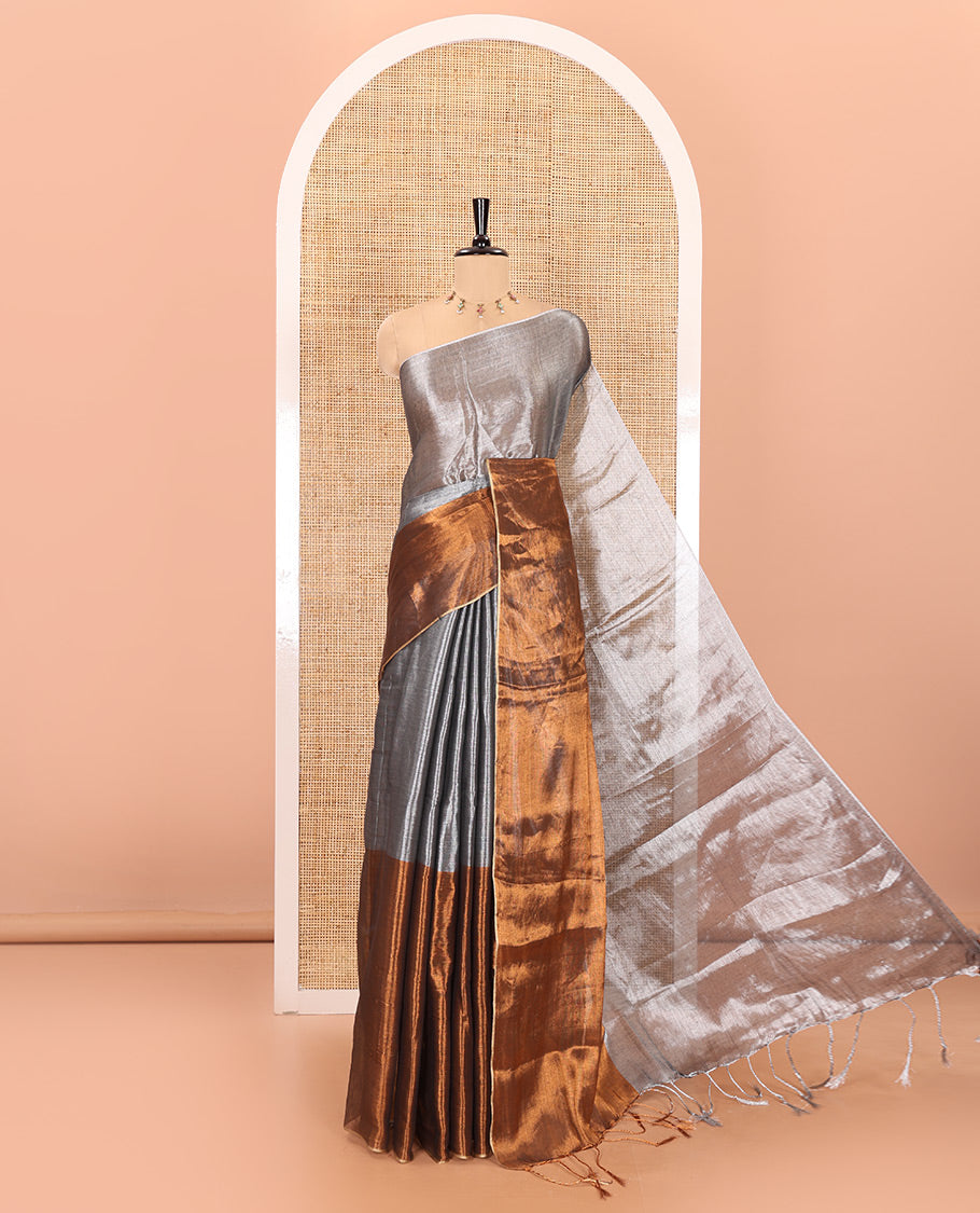 Silver and copper half-and-half plain khadi tissue saree with a self-pallu and a matching blouse