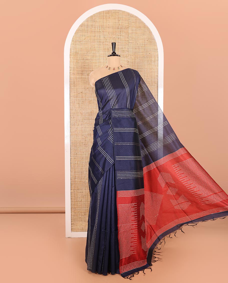 Borderless Navy Blue Semi-Raw Silk Saree Featuring Elegant Vertical Sequin Stripes Running Across the Body, Complemented by a Contrast Thread-Work Pallu and Paired with a Contrast Blouse