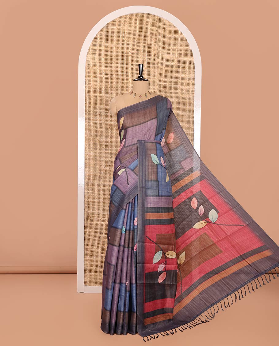 Multi-Color Tissue Saree, Enriched with Geometric Patterns and Leaf Motifs Printed on Its Body, Complemented by a Contrast Plain Border, Pallu of the Same Print, and Paired with a Contrast Blouse