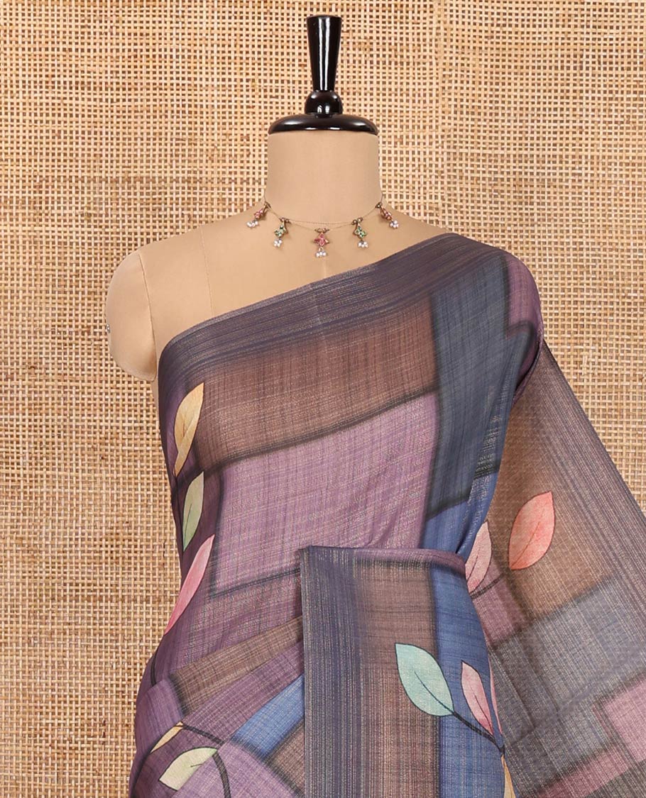 Multi-Color Tissue Saree, Enriched with Geometric Patterns and Leaf Motifs Printed on Its Body, Complemented by a Contrast Plain Border, Pallu of the Same Print, and Paired with a Contrast Blouse