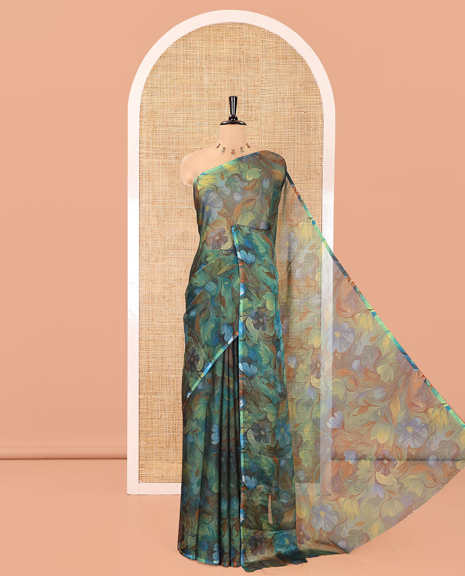 Borderless Rama Light-Weight Chiffon Saree, Beautifully Decked up with Floral Print on Its Body, a Self-Pallu, and Comes Without a Blouse