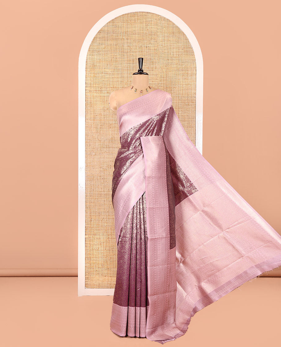 Purple Kanchi Silk Saree, Mesmerized with Floral Jacquard Design on Its Body, Complemented by a Contrast Traditional Zari Design Border, Sparsely Woven Pallu, and Paired with a Contrast Blouse