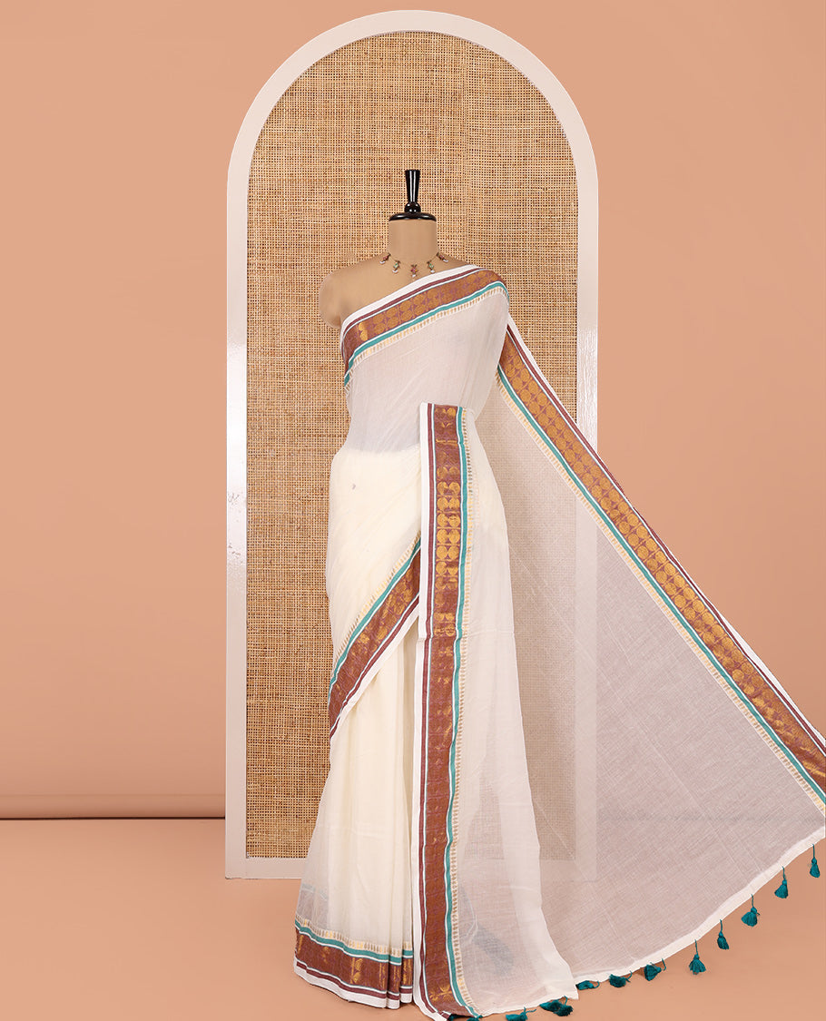 Cream Plain Khadi Mul Cotton Saree, Complemented by Contrast Traditional Zari Border of Rudraksham Motifs, a Self-Pallu, and Has No Blouse
