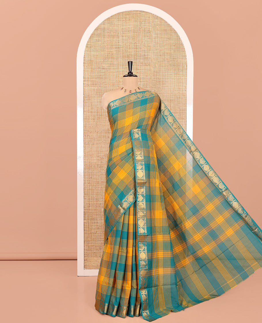 Yellow-Rama Chettinad Cotton Saree, Adorned with Checks, Zari Border of House Motifs, and Matching Blouse